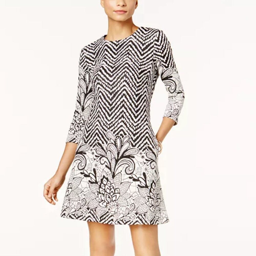 MSK Floral Border Geometric Print Chevron Paisley Dress Black and White Women 2X